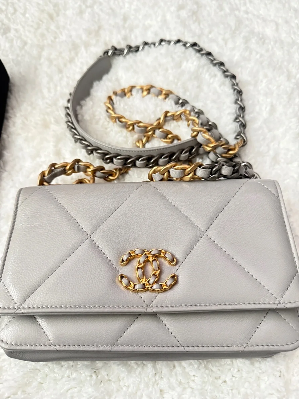 CHANEL Gray Quilted Leather Crossbody with Gold Chain